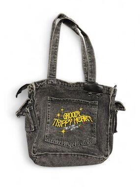 Groovy Trippy Heart Black Acid-Wash Denim Tote Bag